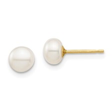 Real 14K Yellow Gold Madi K 5-6mm White Button Cultured Pearl Stud Post Earrings