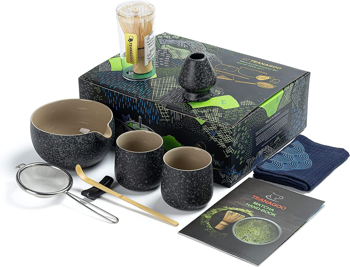 Set Frusta Per Matcha In Ceramica E Bambù, 4 Pezzi: Ciotola Con Beccuccio, Frusta, Paletta E Supporto, Verde Matcha - 4