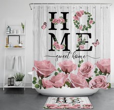 Buettefly Green Leaf Pink Rose Floral Shower Curtain Bathroom Accessories Set