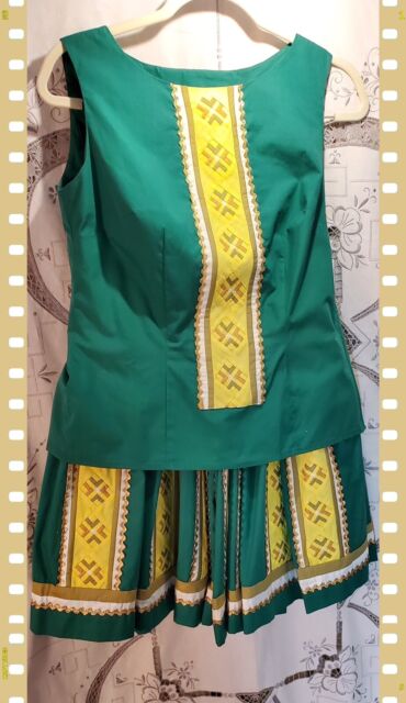 Vintage Womens Seminole Patchwork Set Top Skirt Green Tahweegachi By Lisa SZ 12
