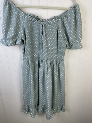 AUW Dress Women's Sage Green Polka Dot Smocked Off Shoulder Size 1X | eBay