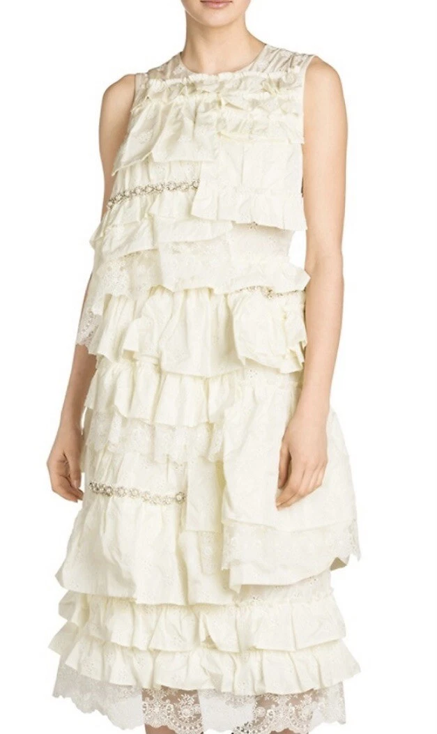 Nuovo Abito Moncler Genius Donna Simone Rocha Abbellito Barruffle Perla Bianco 42 S