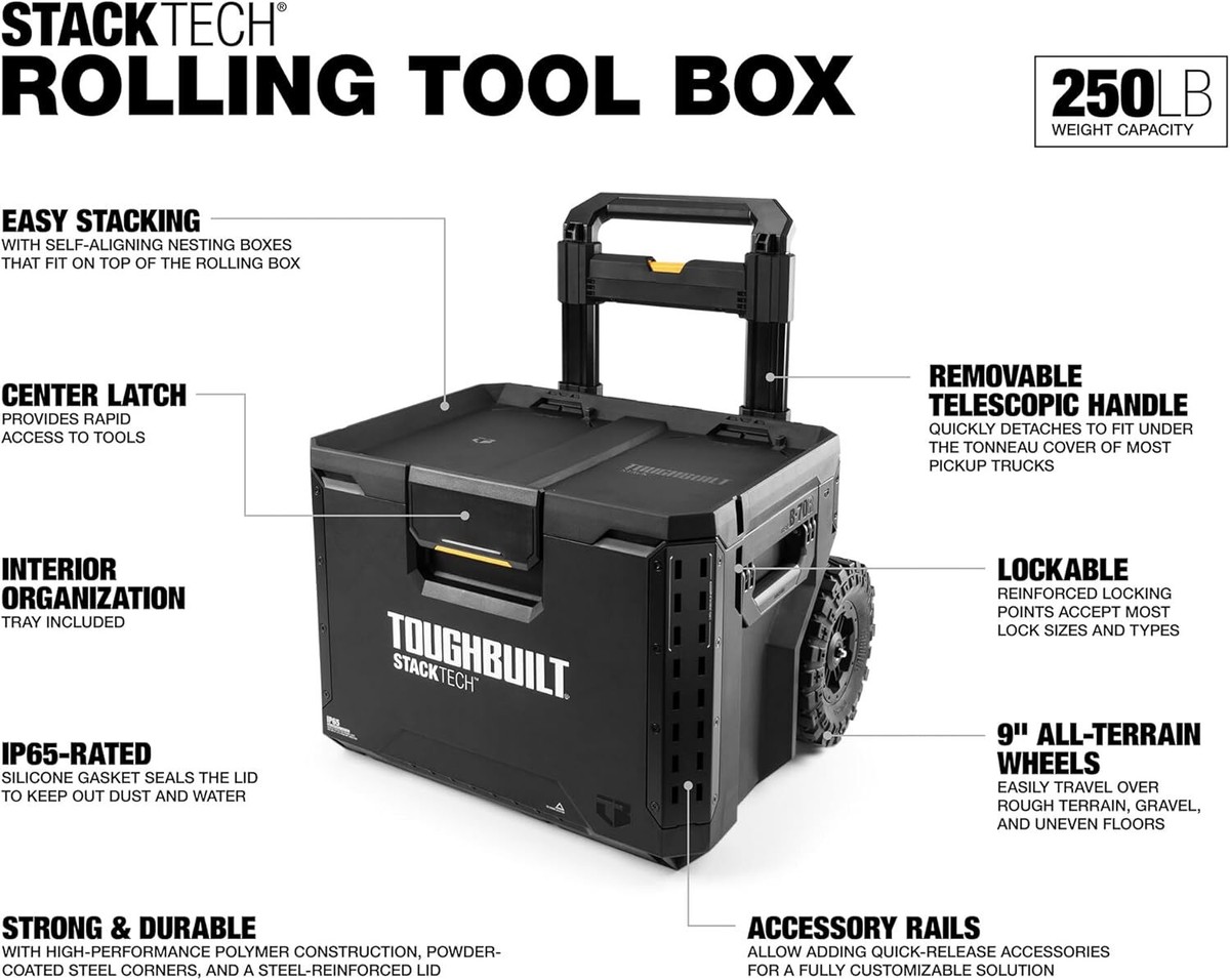 ToughBuilt StackTech Rolling Tool Box, 250 lb Capacity, Stackable 