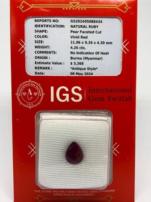 4.26 Ct Natural Unheated Burma Ruby Pear Cut IGS Certified Loose Gemstone