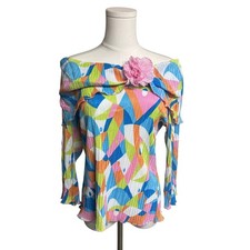 VINTAGE Plisse Abstract Off The Shoulder Top Flower Large Colorful Y2K USA Made