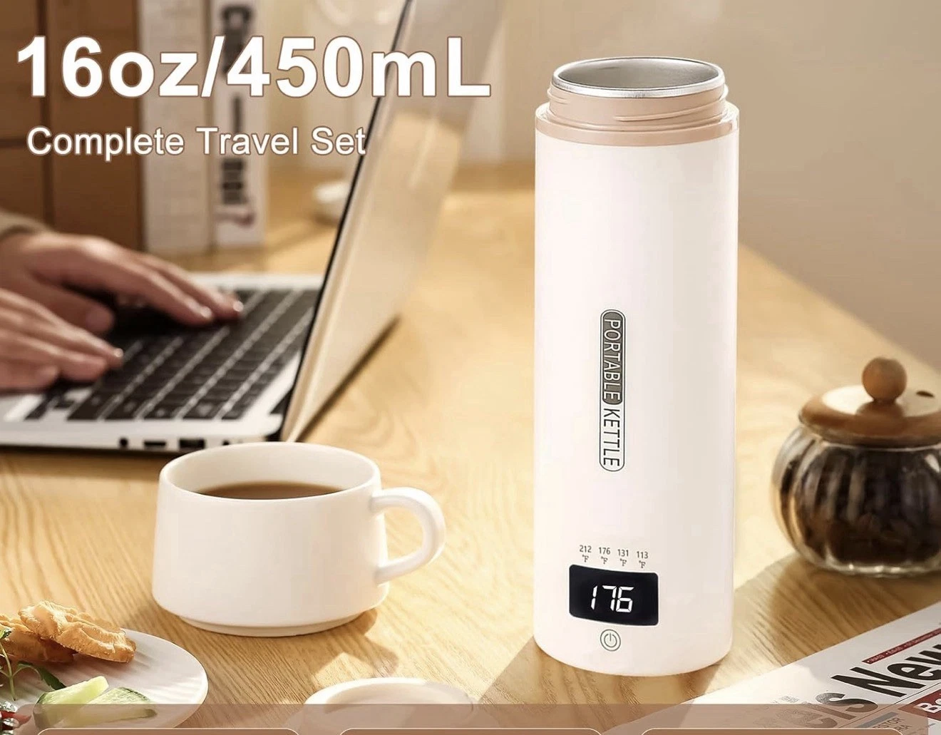 Mini Electric Kettle with4Controls,304Stainless Steel with Auto Shut-Off (White)