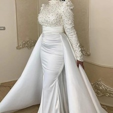 Wedding Dresses High Neck Beaded Pearls Mermaid Long Sleeve Satin Bridal Gown