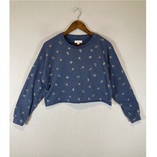 Cottagecore Colsie Women Medium Blue Floral Raw Hem Cropped Fleece Sweatshirt