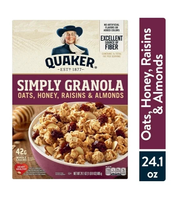 Quaker Simply Granola Breakfast Cereal, Oats Honey Raisins & Almonds, 24.1 oz Bo