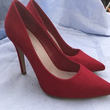 NEW LOOK SIZE 4 WOMENS RED FAUX SUEDE SLIP ON COURT SHOES POINTED TOES HEELS