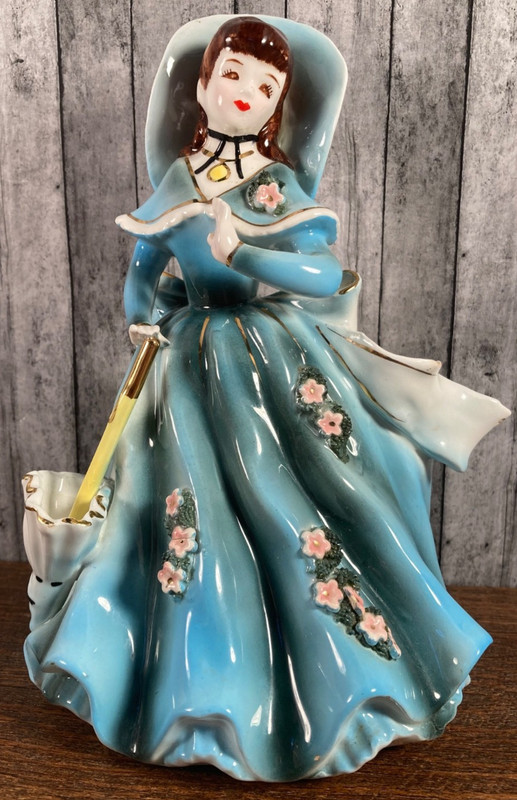 Vintage Woman Lady in Blue 1957 Lefton #164 Planter Flower Dress Glossy
