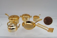 Dollhouse Miniature Complete Kitchen Cookware Set Pot Pan Spatula Copper G6209