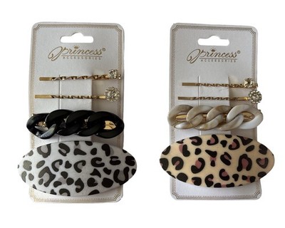 LOT Of Leopard Print  Hair Clip Set  Acrylic Chain Barrete Gold Bobby Pin Women