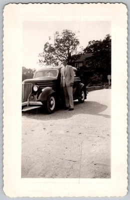 Vtg B&W Snapshot Dapper Man In Suit Posing With 1930s Ford Coupe Car 1940s