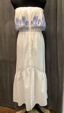Mahina Hawaii Strapless Ivory Linen Blend Blue Embroidery, Ruffle Hem Dress M