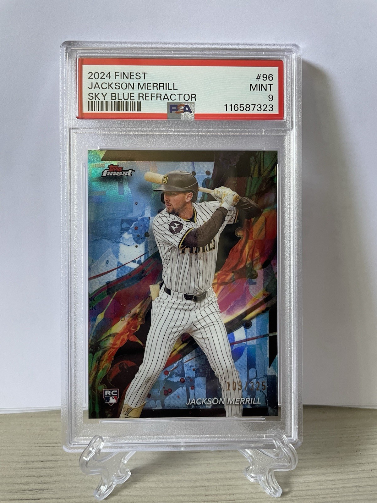 2024 Topps Finest JACKSON MERRILL Sky Blue Refractor RC #96 /325 Padres PSA 9
