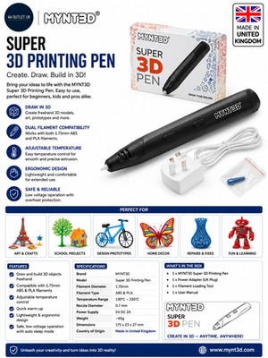 MYNT3D Super 3D Printing Pen 1.75mm ABS & PLA Compatible Easy Use Durable Black