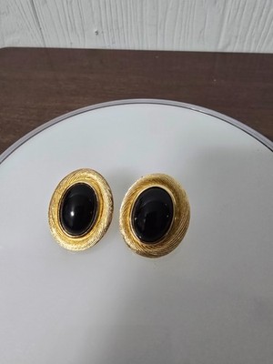 Christian Dior Vintage Gold Tone Faux Black Onyx Cabochon Oval Stud Earrings