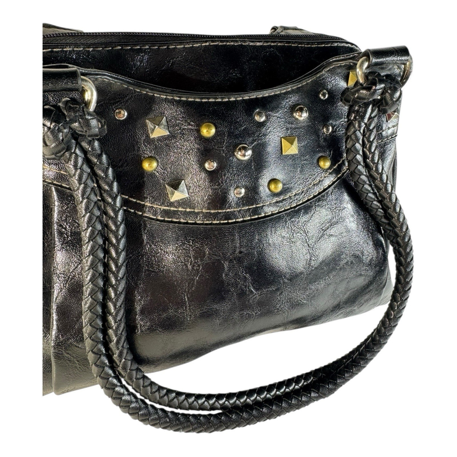 ROSETTI NY VTG 90s Y2K Shoulder Bag Purse Black Vegan Leather Studded Pink Lined