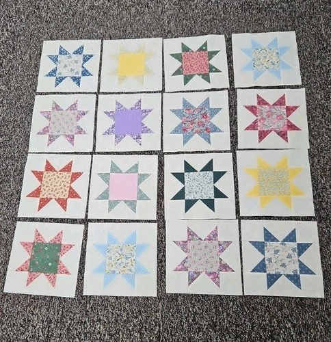 16 Calico Star Quilt Blocks 9 1/2" Square Ready To Be Assembled.  