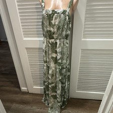 Forever 21 Green Leaf Print Sleeveless Maxi Dress Square Neck Size L