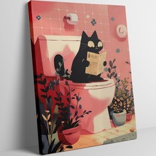 Funny Black Cat on Toilet Poster Cute Cat Bathroom Canvas Wall Art Pink Decor