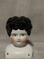 Antique German China Head Doll Head Black Curly Hair Blue Eyes Low Brow 4  Tall