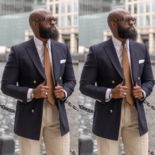 Navy Blue Men's Suits Peak Lapel Double Breasted Formal Wedding Tuxedo Prom 2Pcs