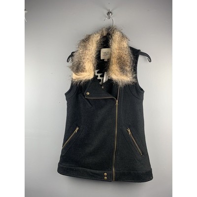 Thread & Supply Vest Womens medium Wool Faux Fur Trimmed Vest Black Aztec NEW