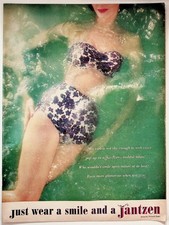 Jantzen Vintage Print Ad 1950s Bashful Bikini Floral Swimwear Art