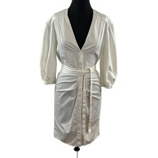 ZARA White Snap Front V-Neck Long Sleeve Belted Shirt Dress Sheath Knee Length M