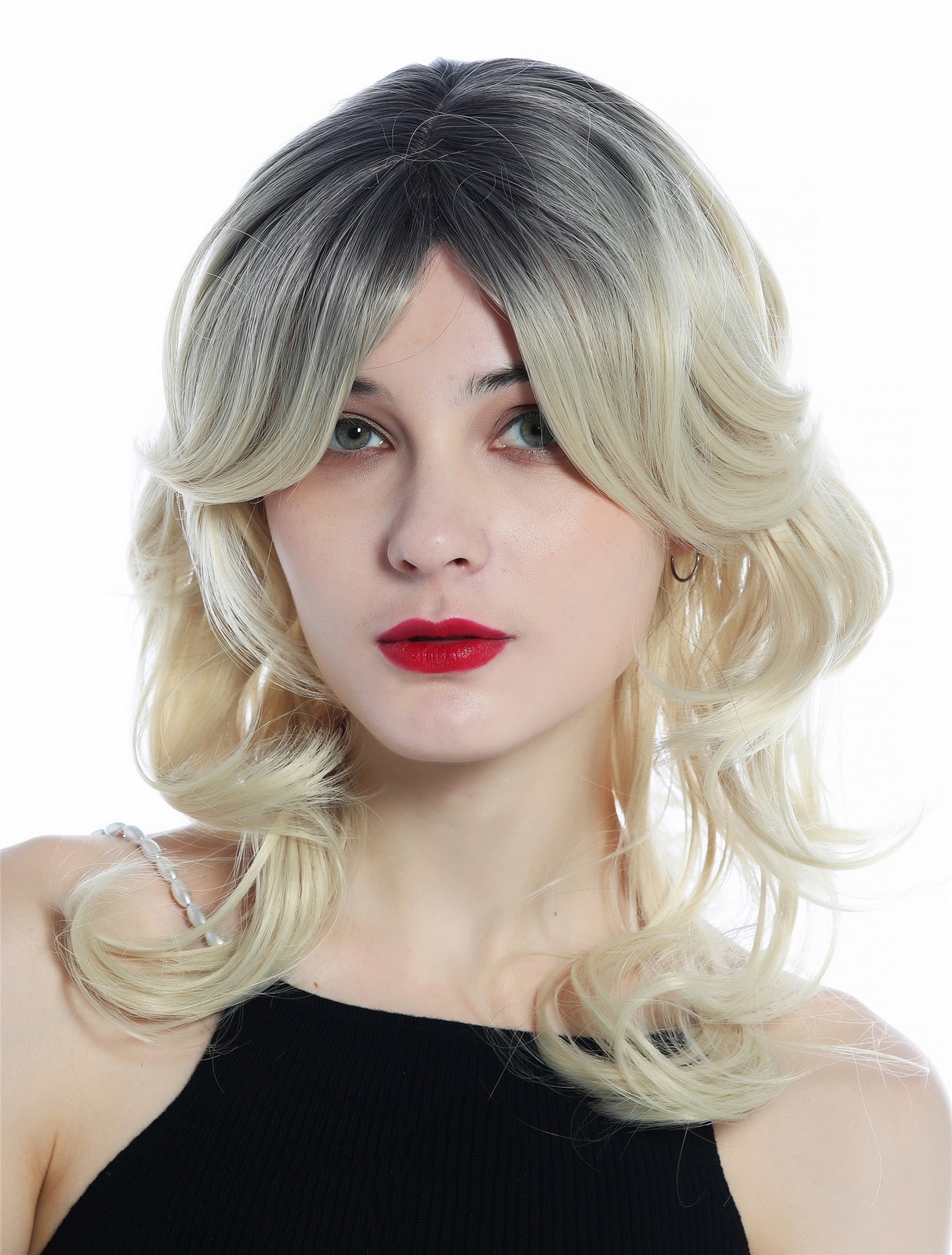 Wig Women's Wild Wavy Shoulder-Length Light Blonde Dark Roots
