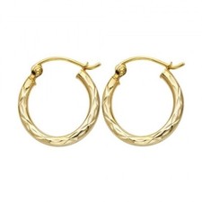 2mm Diamond Cut Hoop X Abstract Patterned Small Solid 14K Yellow Gold Earrings