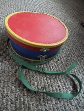 Vintage Carrying Toy Case Round Red Blue  Yellow With Green Strap 10.5  