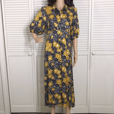 BA&SH Babeth Floral Print Shirt Midi Black and Yellow Viscose Dress Size 4