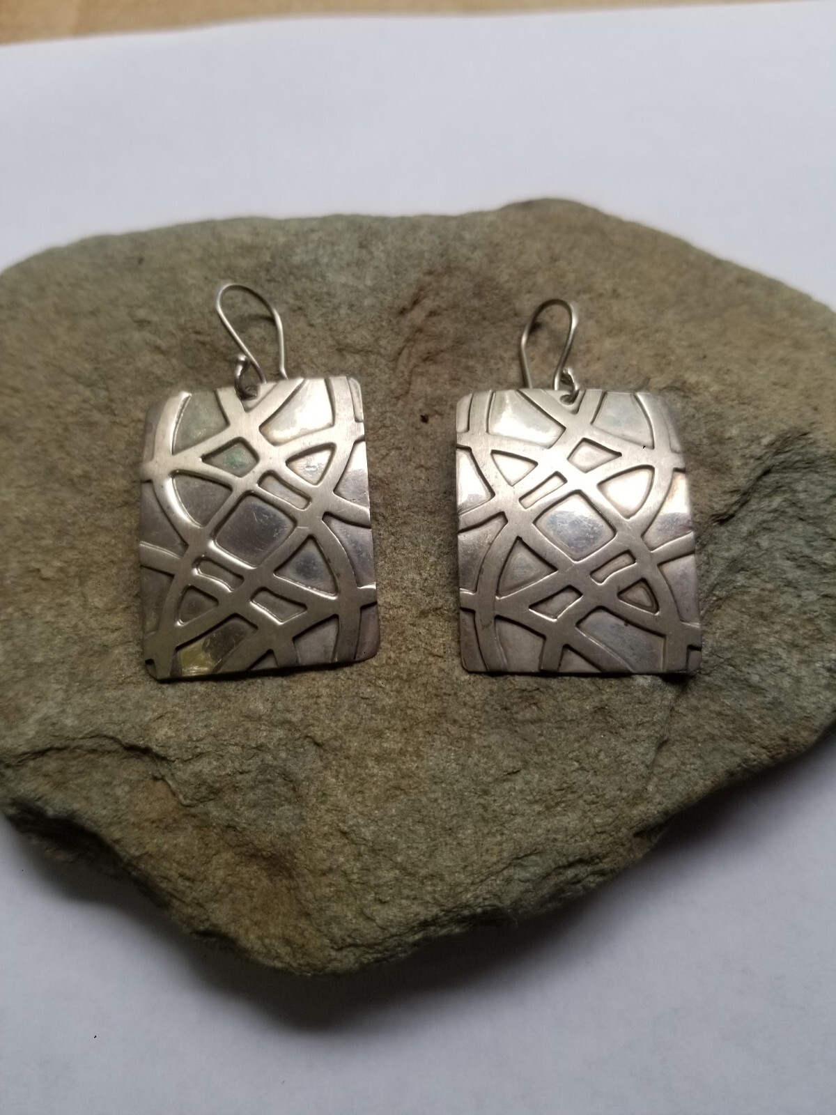 Large Sterling Silver Rectangular Pattern Drop Ea… - image 1