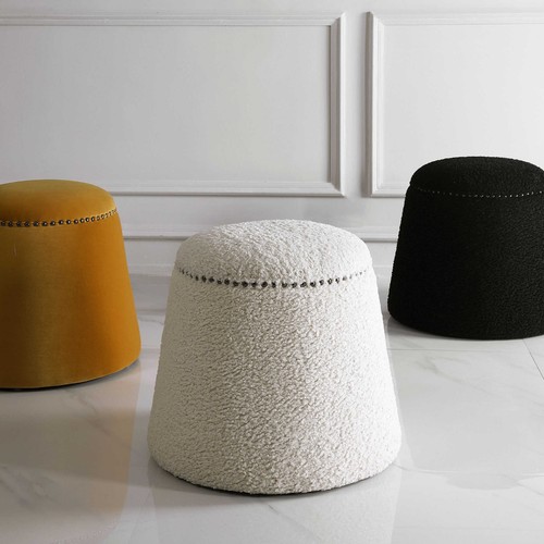 Glam Modern Gumdrop Shape White Faux Shearling Stool Plush Ottoman Round Soft - Picture 2 of 5