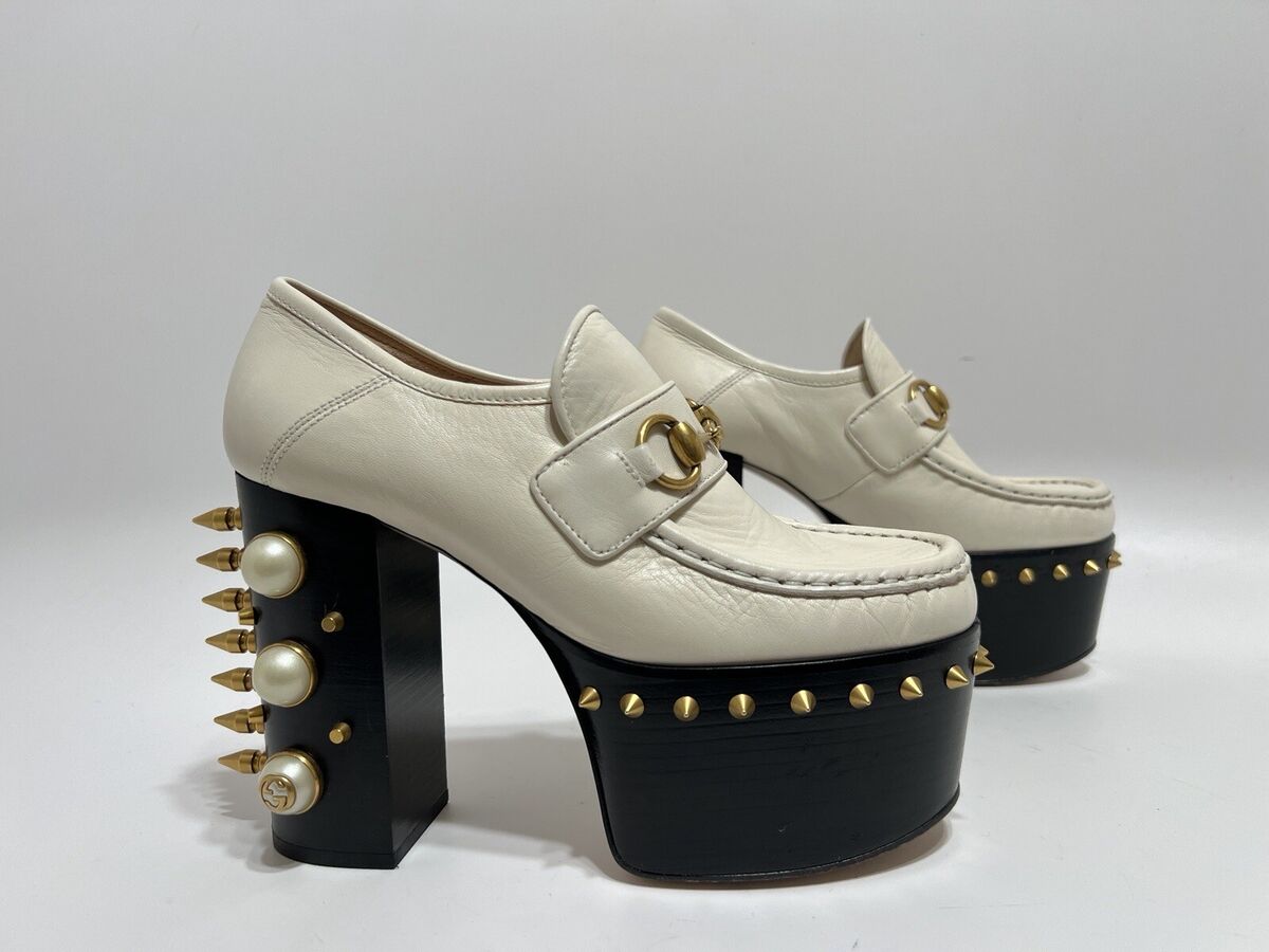 Vtg GUCCI IVORY LEATHER SPIKED 'VEGAS' PLATFORM LOAFERS 36.5 Vtg GUCCI IVORY LEATHER SPIKED 'VEGAS' PLATFORM LOAFERS 36.5