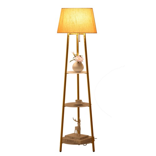 Beautiful Tripod Gold Poles Floor Lamp with Shade & 3-Tier Shelves Freestanding - Picture 7 of 12