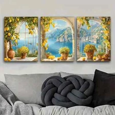 3pcs  Coastal View Through Arched Windows Metal Print Ready to Hang Art