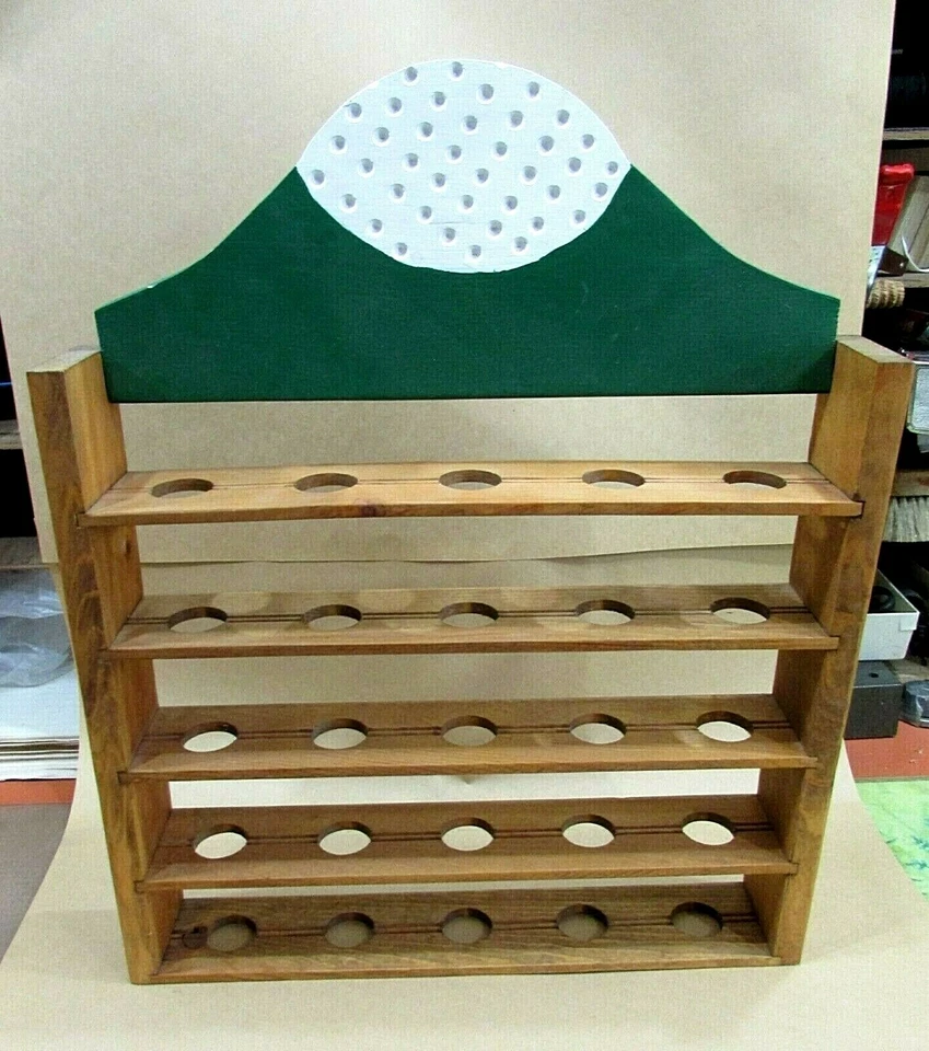 Estante de almacenamiento de exhibición de madera pintada a mano vintage para 25 pelotas de golf hechas a mano Foto 2 de 4