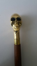 Nautical Pirate Brass Skull Head Handle Brown Cane 36" Wooden Walking Stick
