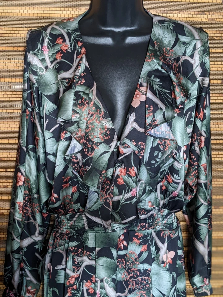 New Johanna Ortiz H&M Womens M 8/10 Floral Dark Green Satin Ruffle Smocked Dress - Image 2 of 4