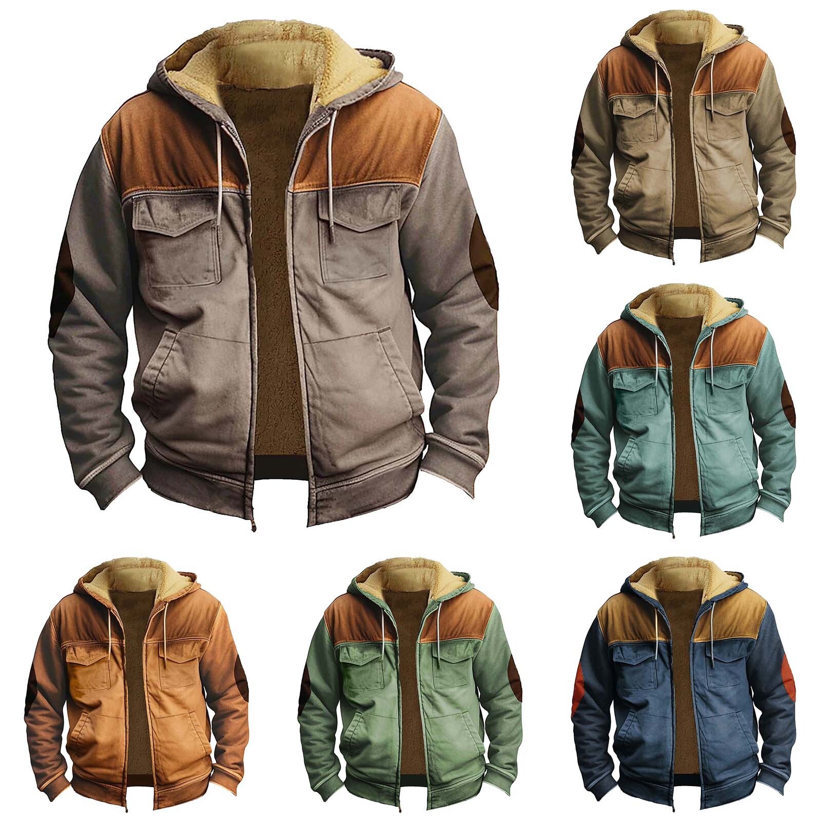 Mens Hoodies Jacket Padded Cotton Pocket Zipper Winter Retro Trendy Casual Coats