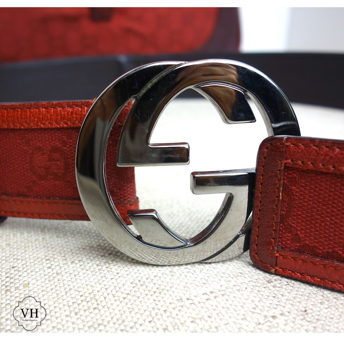Vintage Gucci Red Belt, gunmetal, burgundy, monogram GG's