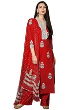 Women's Cotton Blend Straight Hand Block Printed Kurta with Pant  Dupatta