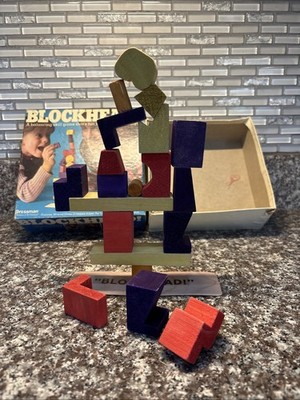 Vintage Pressman Blockhead! 1982 Stacking Game Complete Wood Blocks. Made In USA