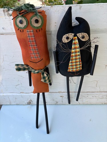 Primitive Pumpkin Man and Black Cat Set of Two/Handmade Halloween - Picture 2 of 5