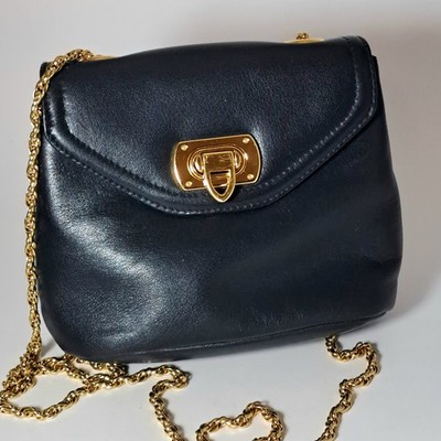 Bechamel Black Leather Purse Gold Chain Shoulder Vintage Pocket Crossbody Clutch