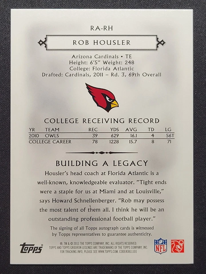 2011 TOPPS LEGENDS ROB HOUSLER #RA-RH ROOKIE RC AUTO AUTOGRAPH CARDINALS - Image 2 of 2